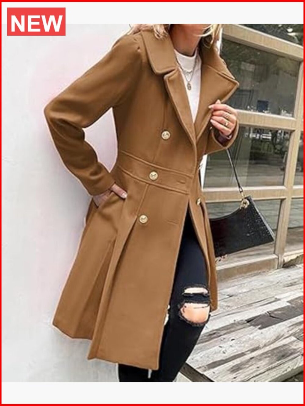 Double Breasted Pea Coat Notch Lapel A-Line Flared Pleated Wool Blend with - Picture 5 of 5